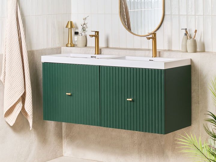 Wall Mounted Double Basin Vanity Unit with Gold Handle 120 cm 50 cm Emerald Green Lago
