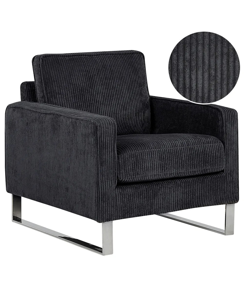 Dark gray armchair with a close-up of the fabric texture on a white background