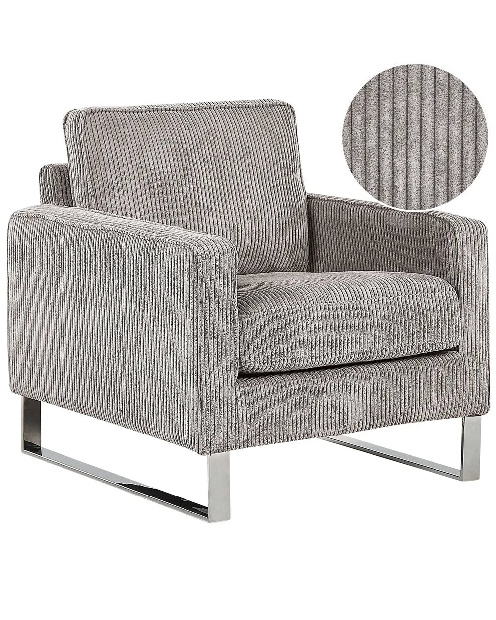 Gray armchair with close-up of fabric texture on a white background