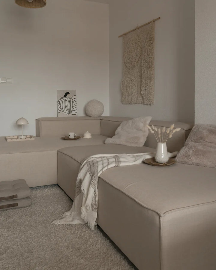 Modular Corner Sofa 3 Seater Faux Linen Beige with Ottoman Right Hand Travison