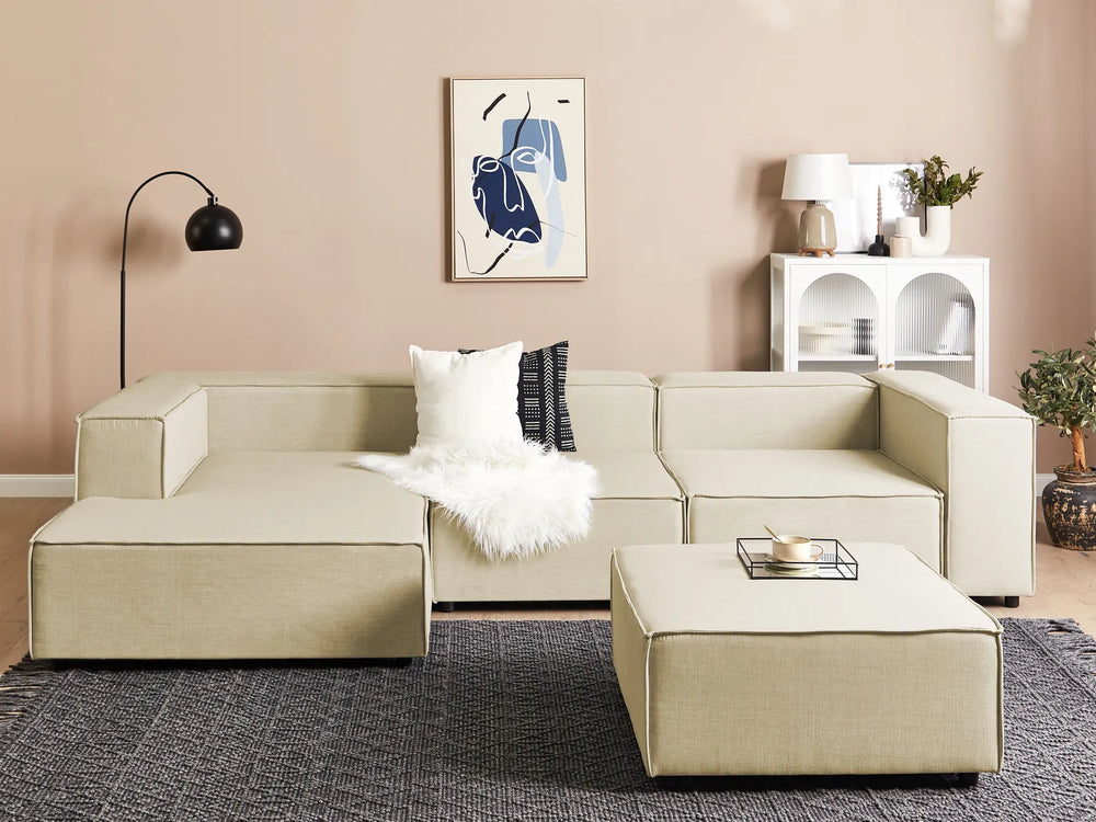 Right hand beige linen corner sofa 3 seater with ottoman