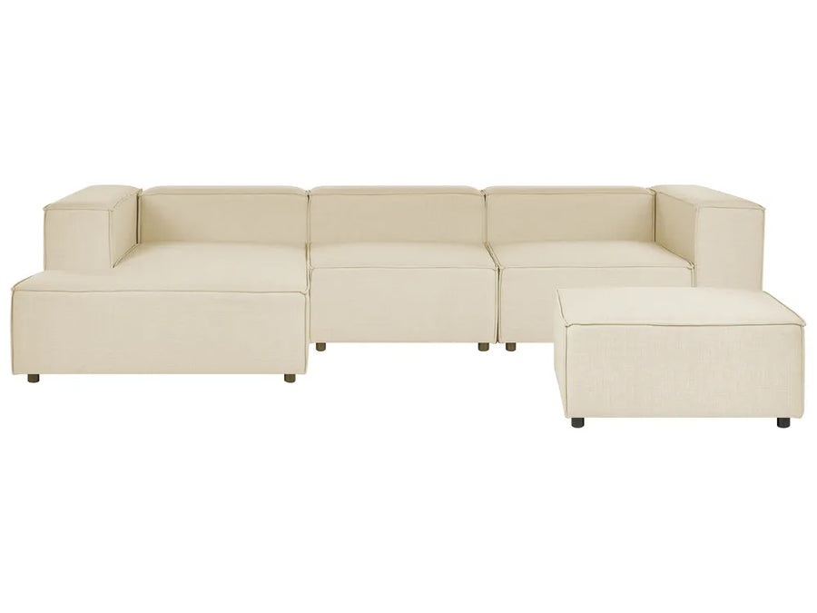 Beige faux linen modular corner sofa 3 seater right hand with ottoman