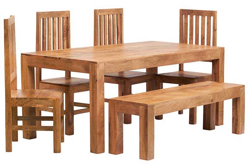 Toko Light Mango 6 FT Dining Set with Bench & 4 Slatted Chairs