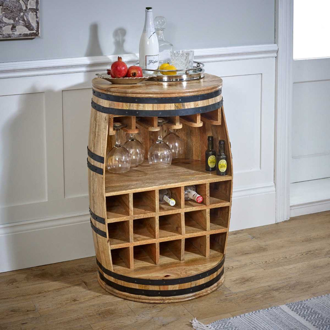 Surrey Solid Dark Wood Barrel Wine Bar Cabinet/Sideboard