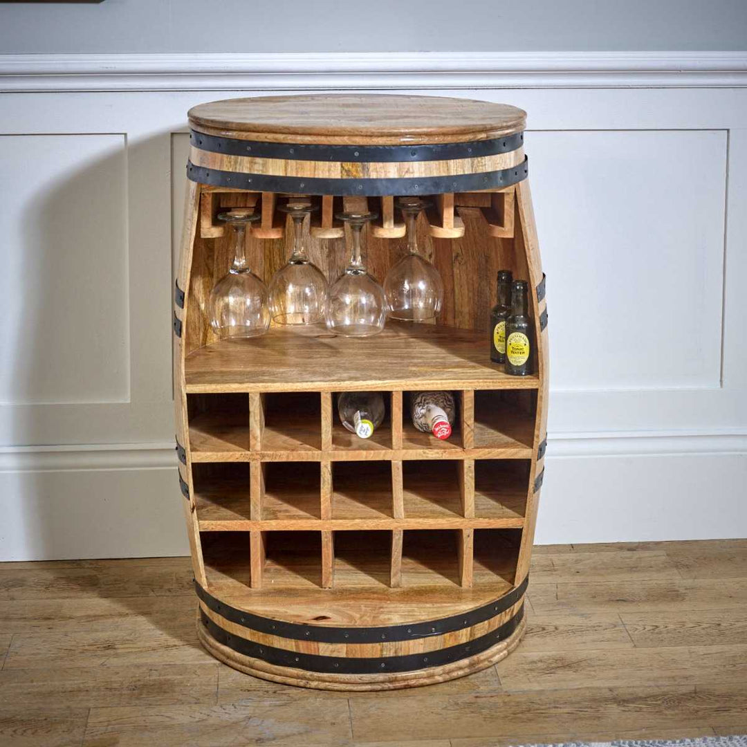 Surrey Solid Dark Wood Barrel Wine Bar Cabinet/Sideboard