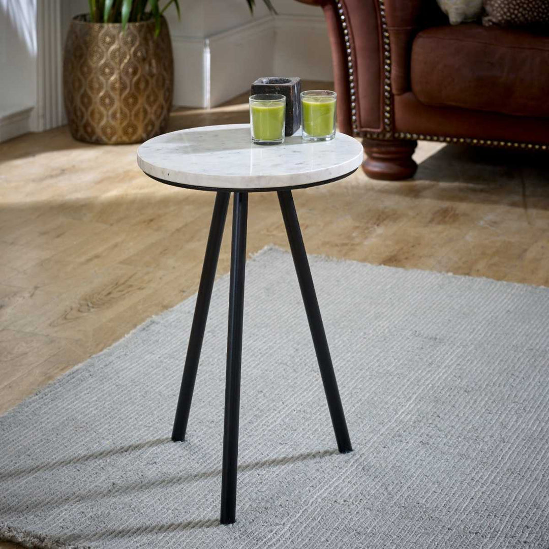 Opal Side Table With White Marble Top & Metal Legs