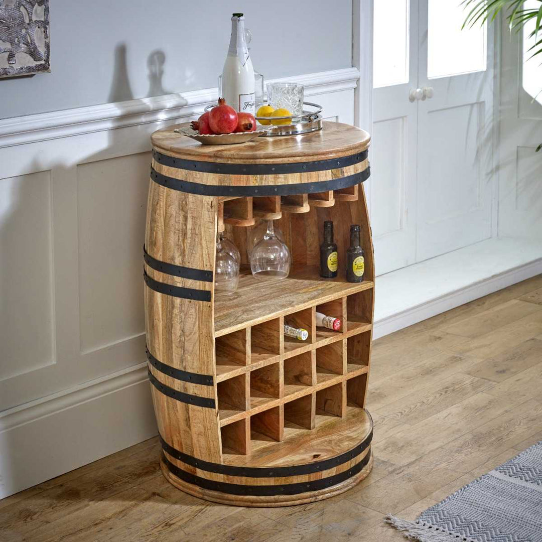 Surrey Solid Dark Wood Barrel Wine Bar Cabinet/Sideboard