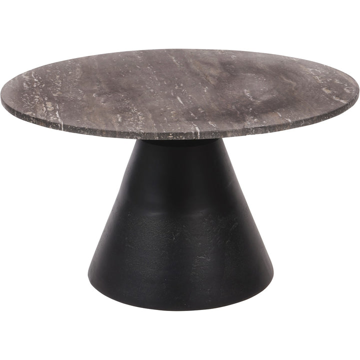 Round marble table with a black base on a white background