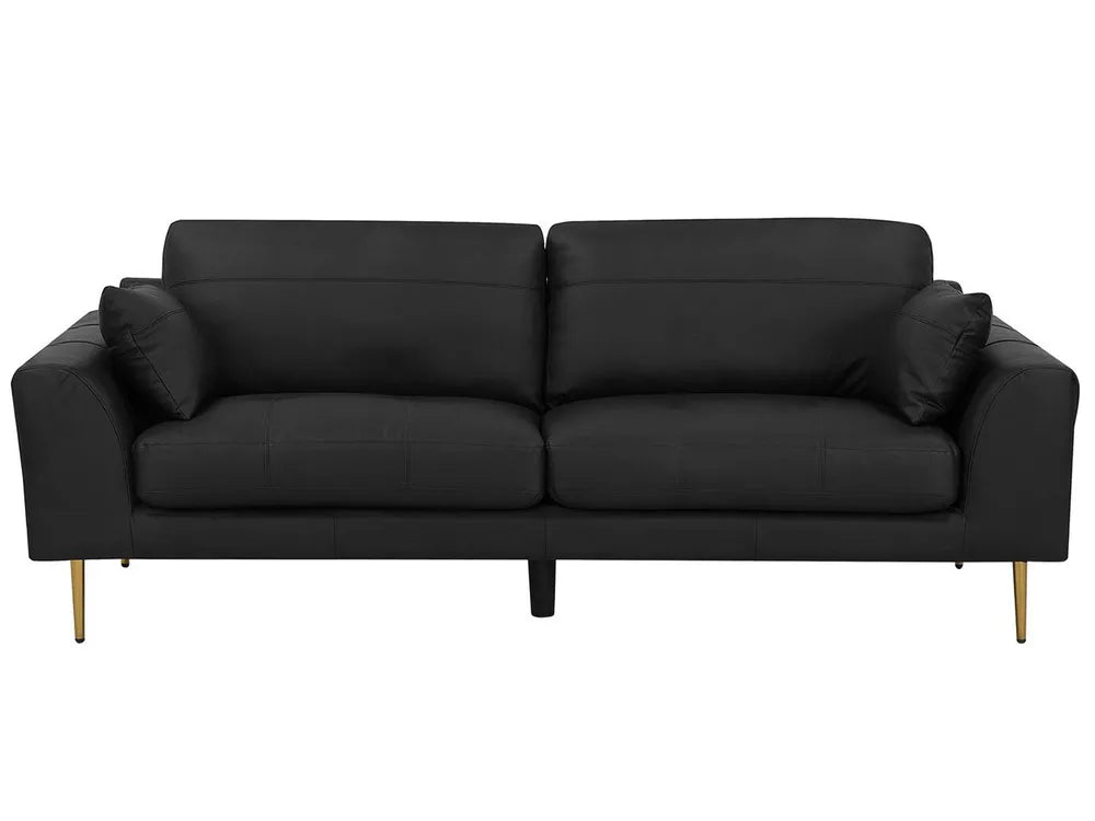 Black sofa with gold legs on a white background