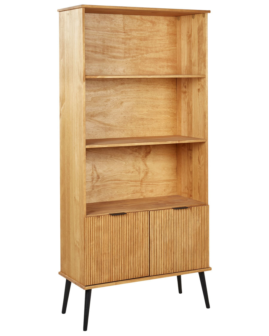 Wooden bookshelf with two doors on a white background