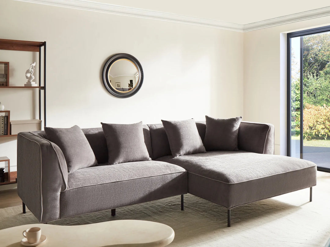 Left hand taupe chenille corner sofa with metal legs