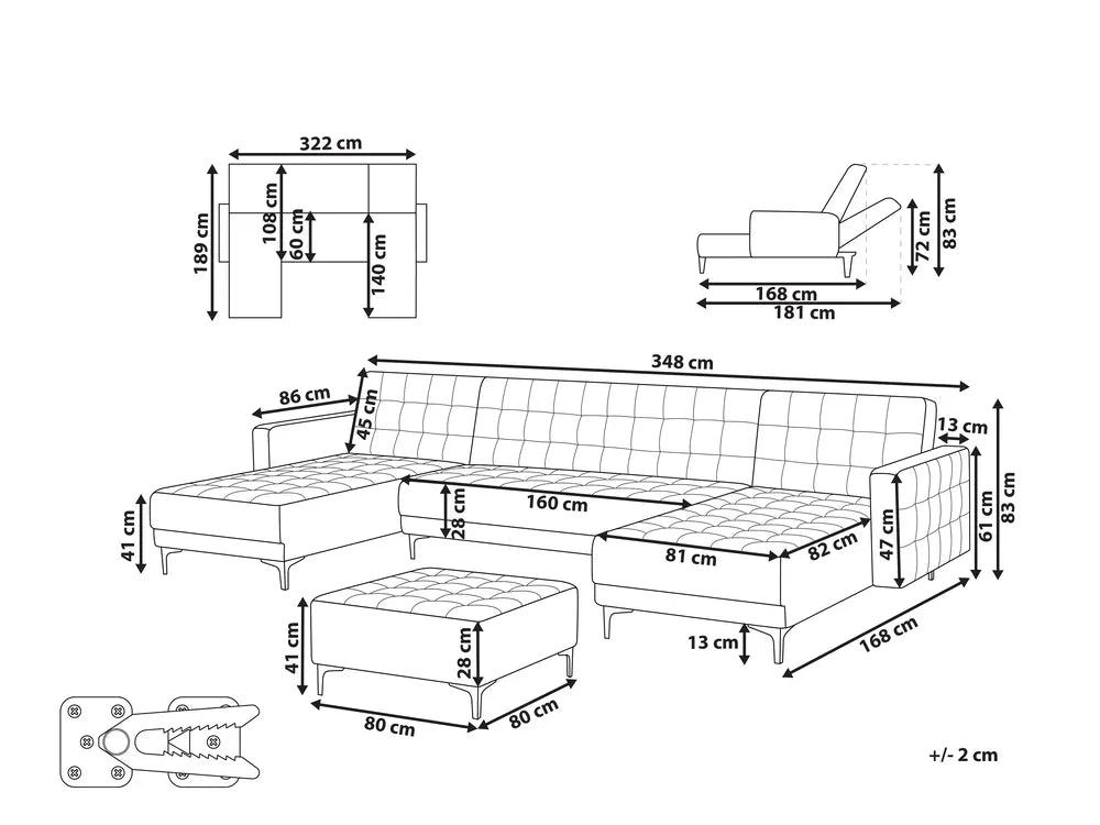Modular U-Shape Sofa Bed 5 Seater Velvet Pink with Ottoman Denby