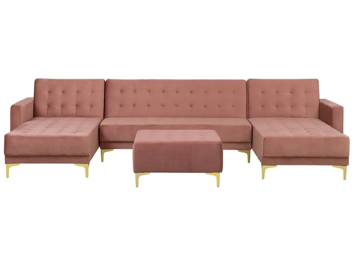 Pink velvet U‑shape 5 seater modular sofa bed with ottoman and adjustable backrest