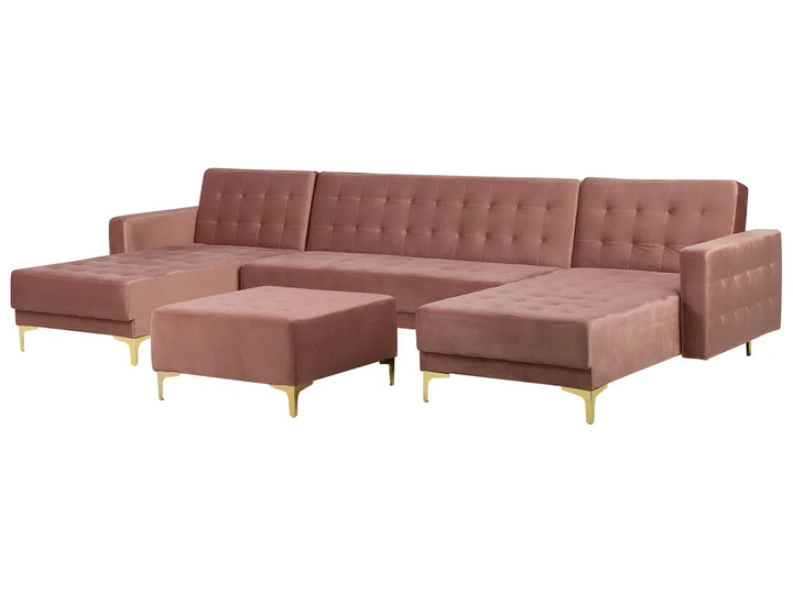 Modular U-Shape Sofa Bed 5 Seater Velvet Pink with Ottoman Denby