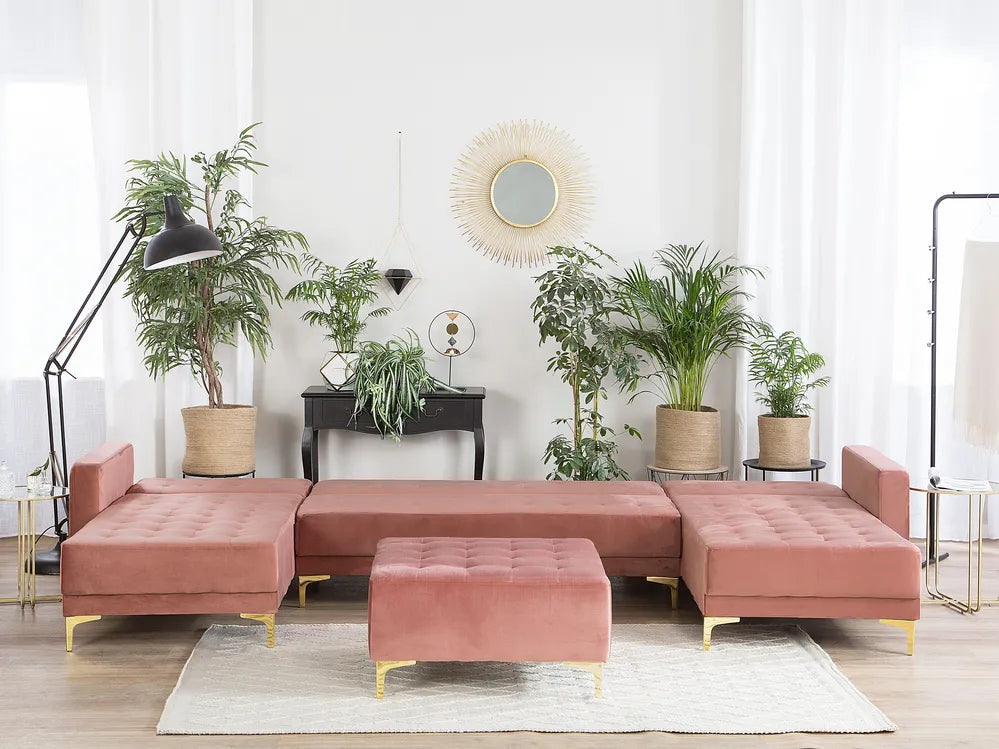 Modular U-Shape Sofa Bed 5 Seater Velvet Pink with Ottoman Denby