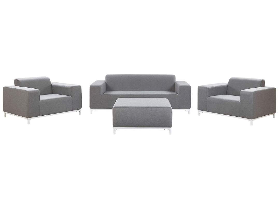 Gray sofa set with two armchairs and a ottoman on a white background