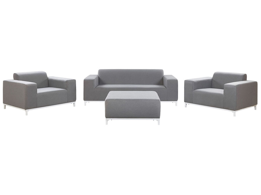 Gray sofa set with two armchairs and a ottoman on a white background