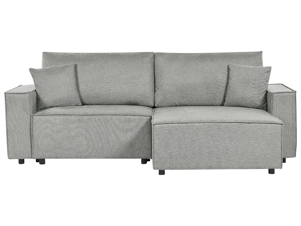 Grey fabric left-hand corner sofa bed with storage and cushions in a modern living room