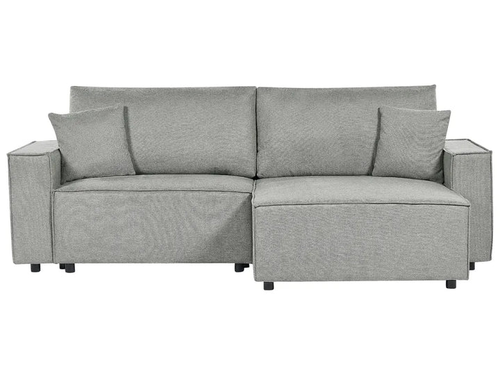 Grey fabric left-hand corner sofa bed with storage and cushions in a modern living room