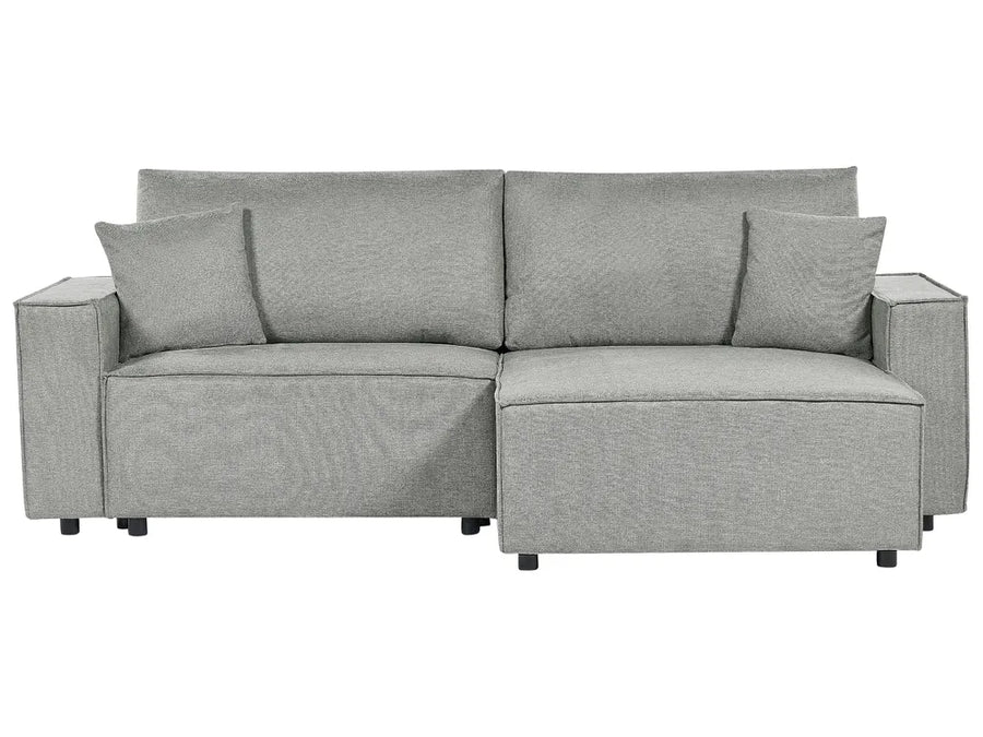 Grey fabric left-hand corner sofa bed with storage and cushions in a modern living room