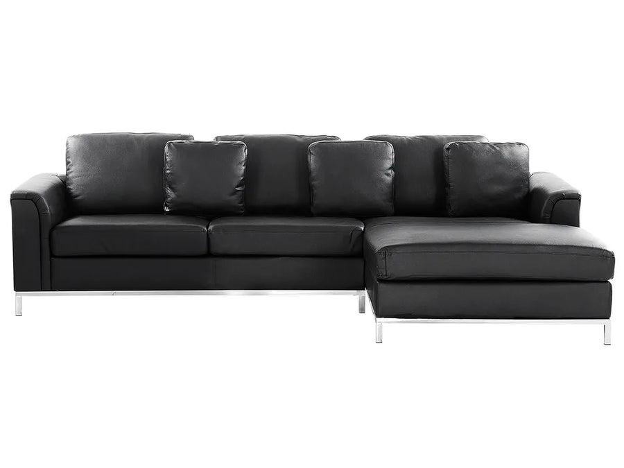 Black leather sectional sofa on a white background