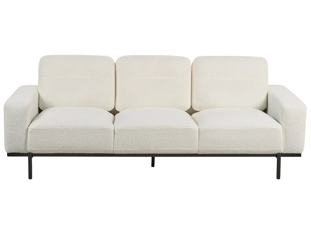Beige sofa with black metal frame on a white background