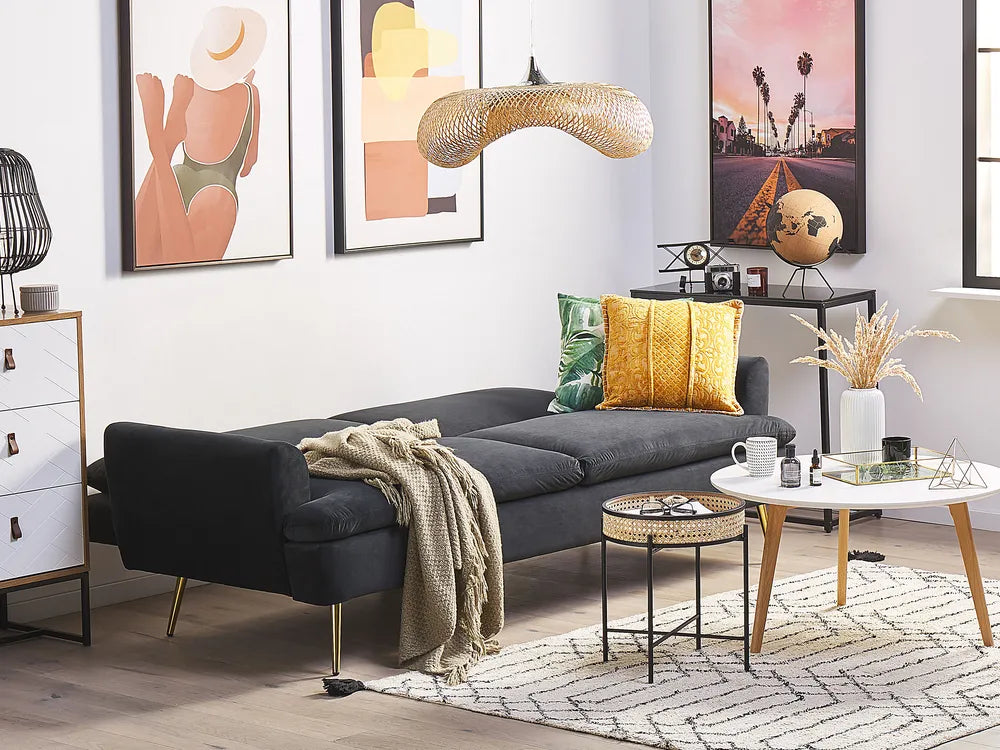 Sofa Bed 3 Seater Velvet Black Calkins