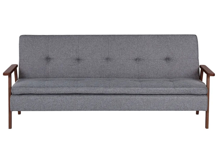 Gray sofa bed with wooden armrests on a white background