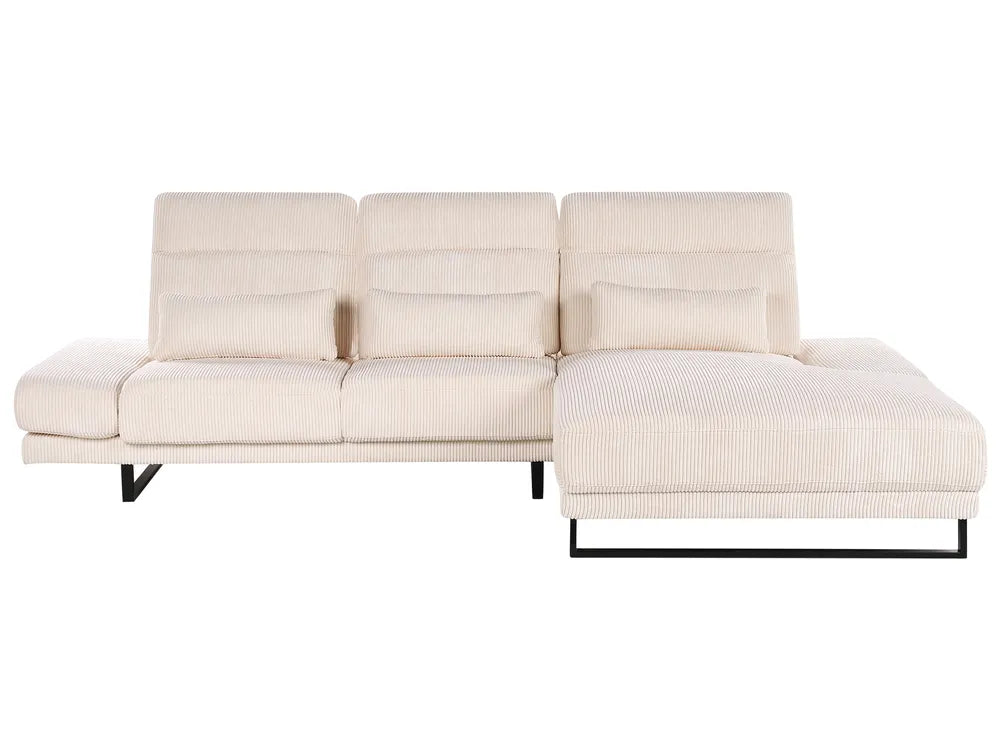 Beige jumbo corduroy left‑hand corner sofa with adjustable backrests and headrest, steel legs for modern living room