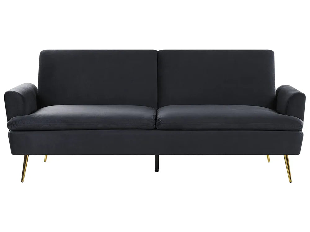 Black sofa with gold legs on a white background