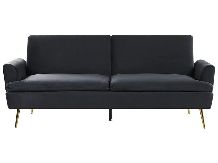 Black sofa with gold legs on a white background