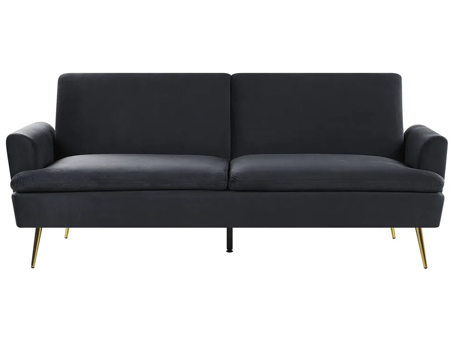 Black sofa with gold legs on a white background