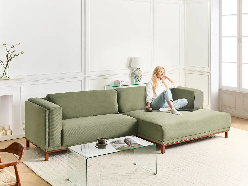 Corner Sofa 4 Seater Corduroy Green Left Hand Josanna