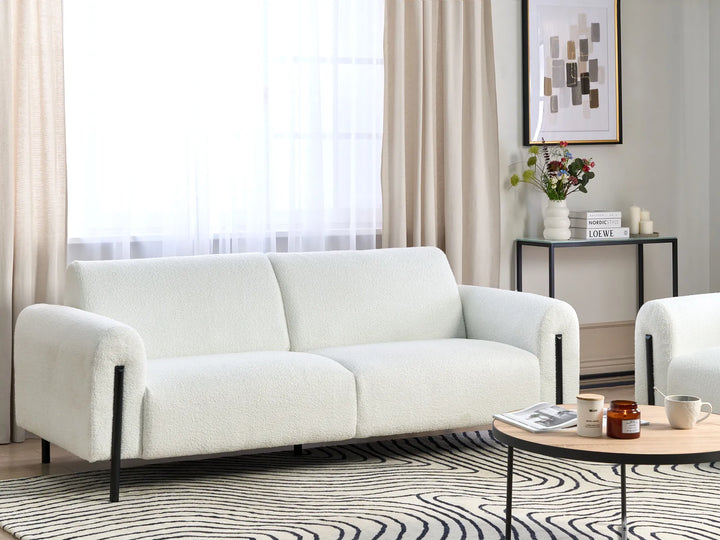White bouclé 3 seater sofa with modern design and metal legs