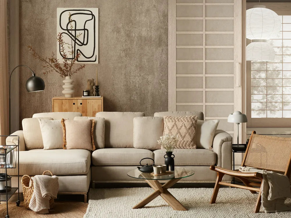 Corner Sofa 4 Seater Fabric Beige Right Hand Thremo