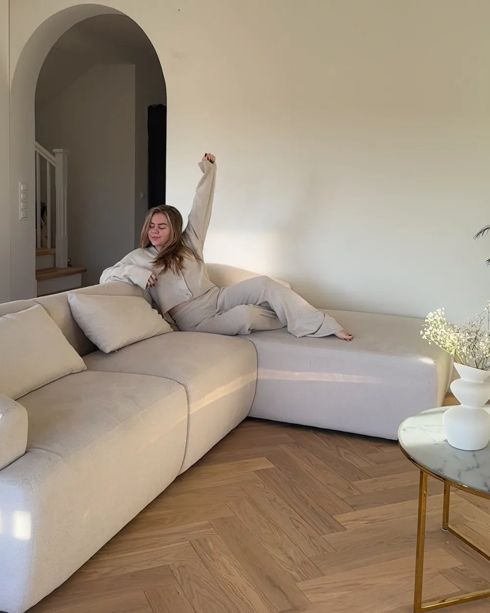 Corner Sofa 3 Seater Fabric Light Beige Left Hand Sickels