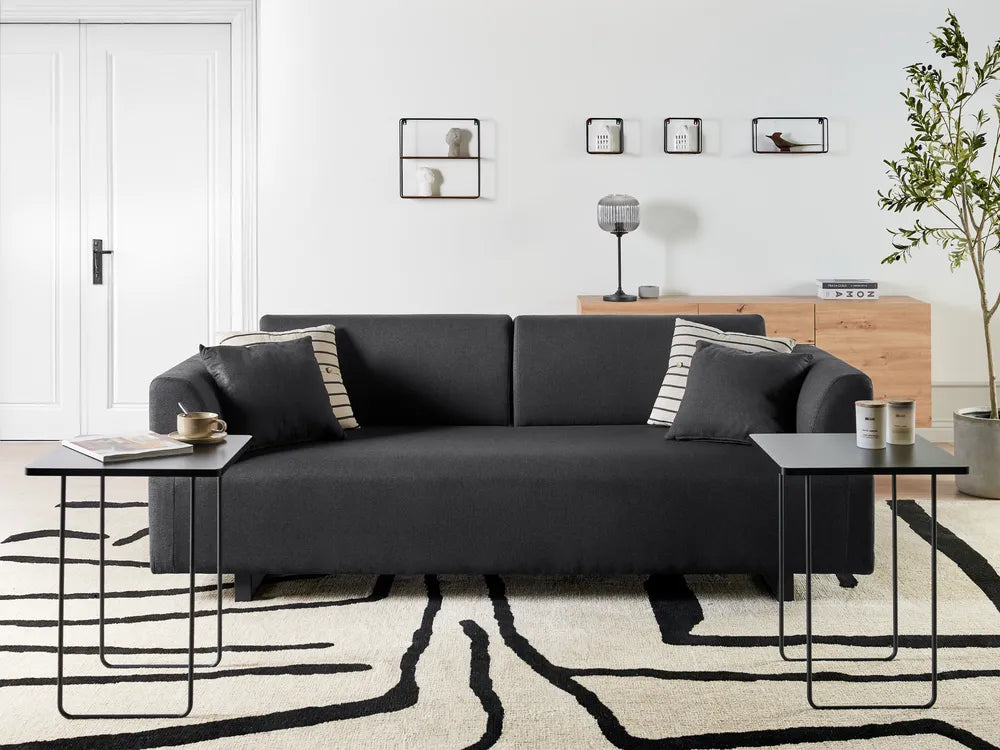 Sofa 3 Seater Fabric Black with Tables Quiniya