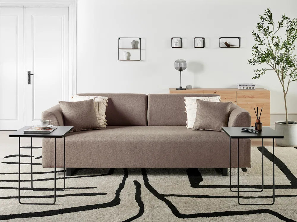 Sofa 3 Seater Fabric Light Brown with Tables Quiniya