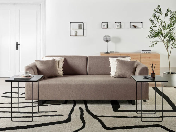 Sofa 3 Seater Fabric Light Brown with Tables Quiniya