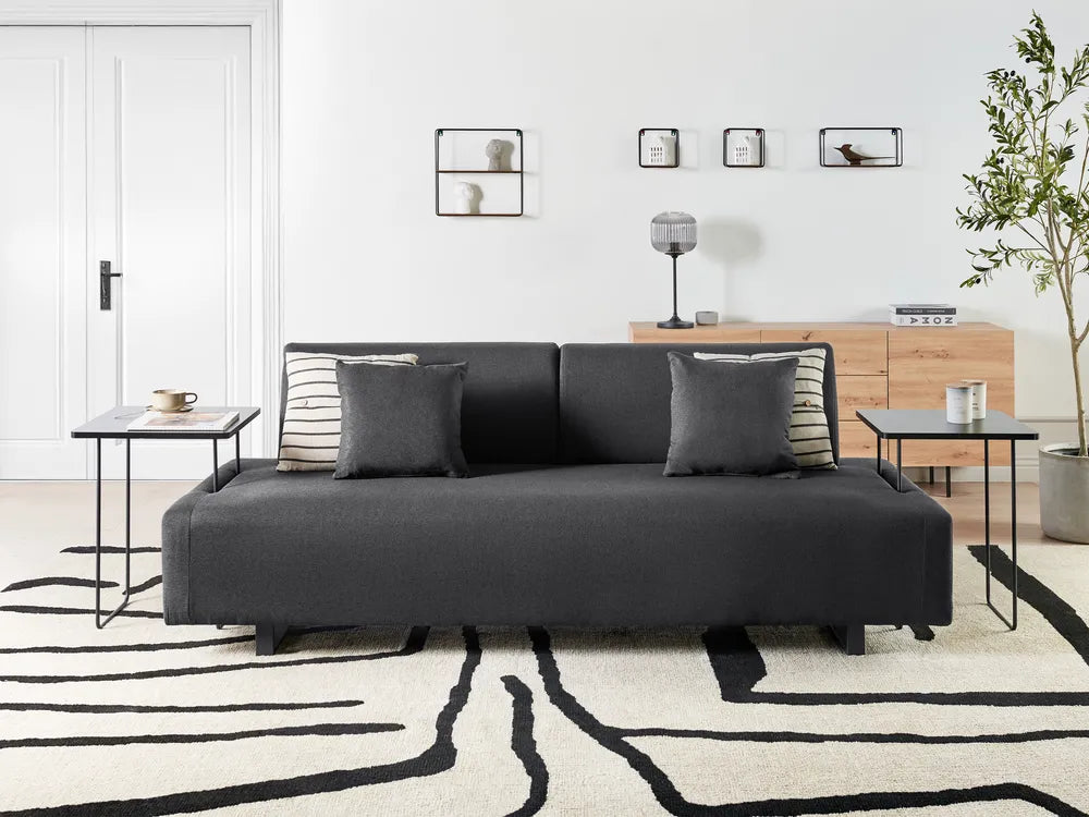 Sofa 3 Seater Fabric Black with Tables Quiniya