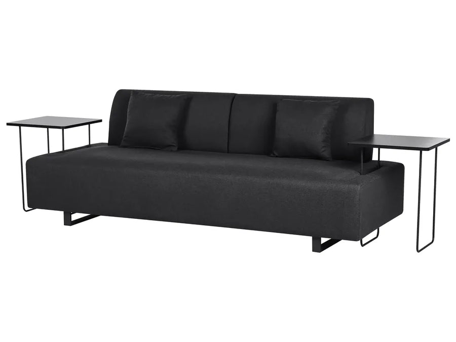 Black sofa bed with two side tables on a white background