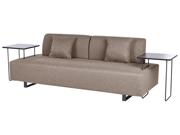 Beige sofa bed with two small tables on a white background