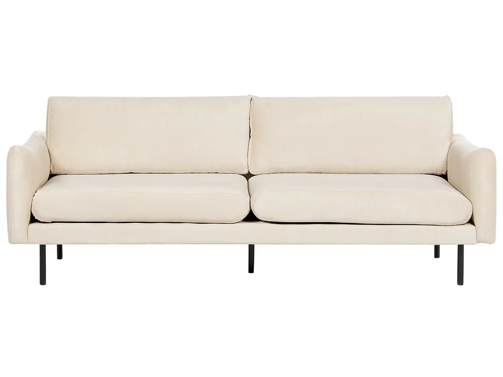 Light beige velvet three seater sofa for comfortable living room seating