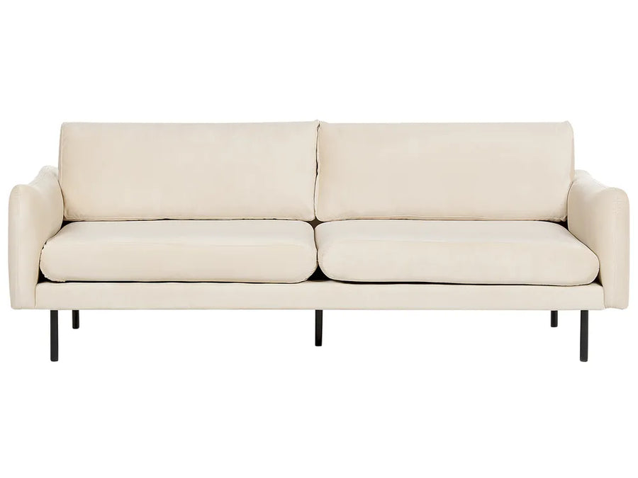Light beige velvet three seater sofa for comfortable living room seating