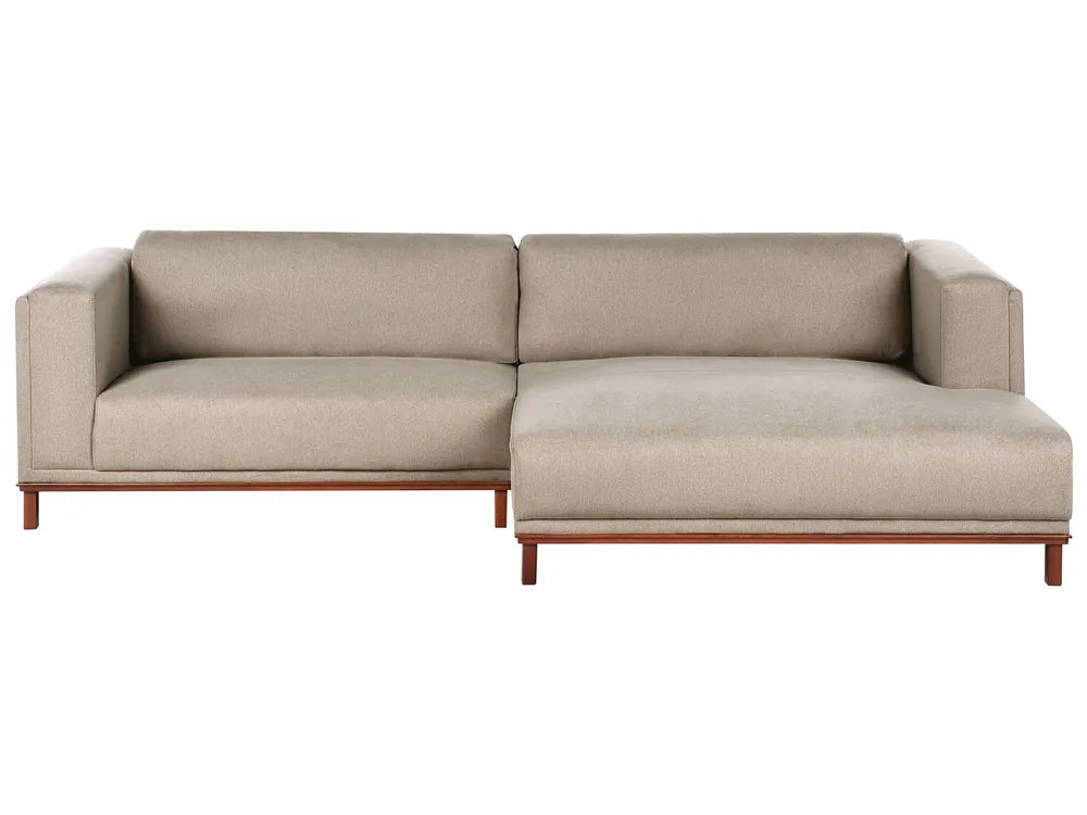 Taupe fabric left‑hand corner sofa with water‑repellent upholstery and wooden legs in a modern living room