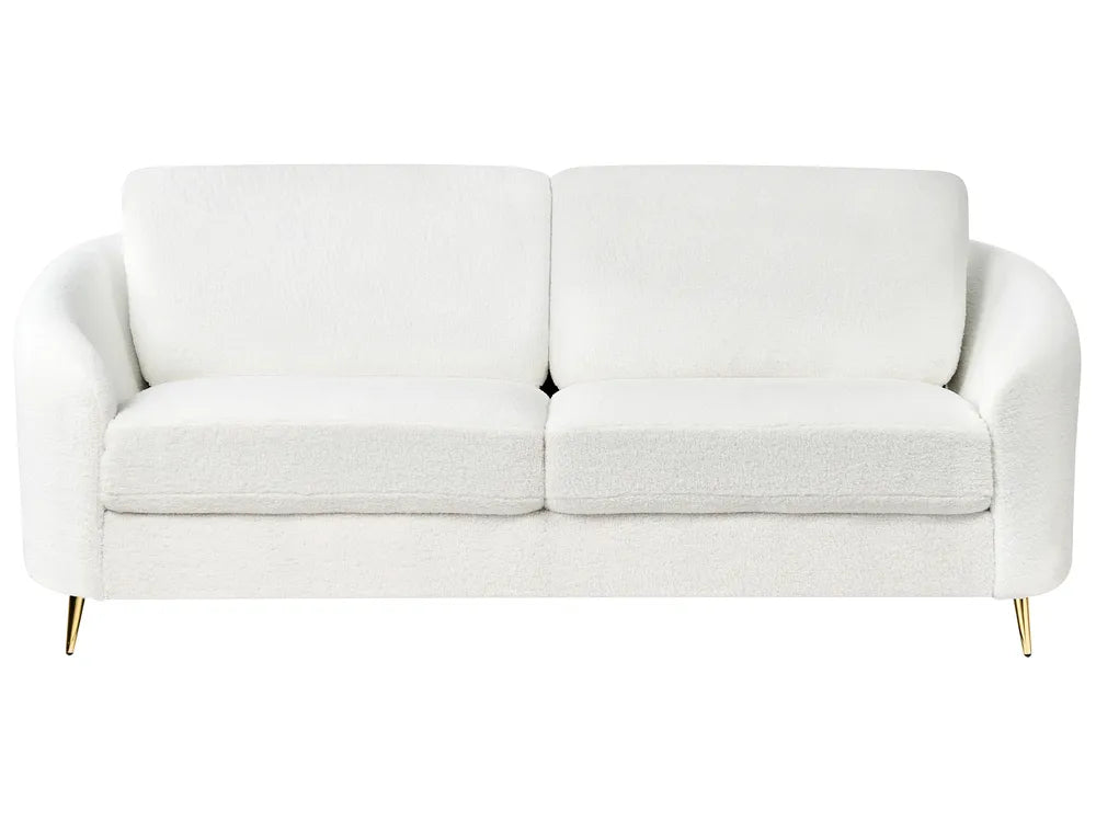 White bouclé 3 seater sofa with curved shape and padded cushions