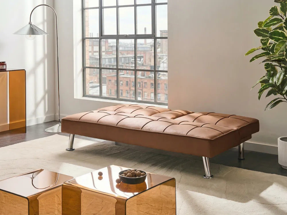 Sofa Bed 3 Seater Faux Leather Golden Brown Kaveri