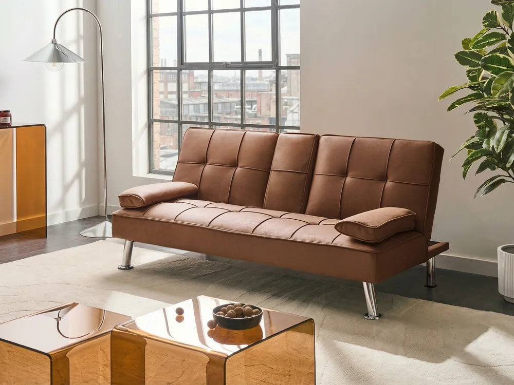 Sofa Bed 3 Seater Faux Leather Golden Brown Kaveri