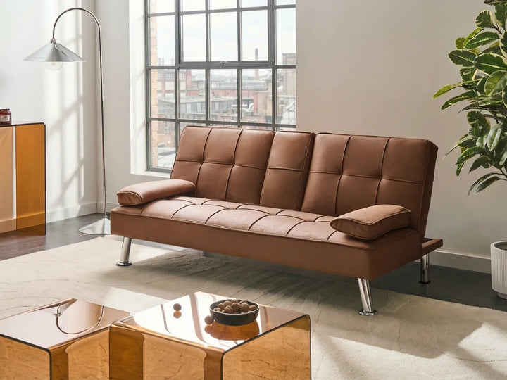 Sofa Bed 3 Seater Faux Leather Golden Brown Kaveri