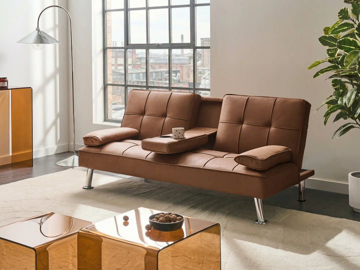Golden brown faux leather 3 seater sofa bed with drop-down table and cup holders